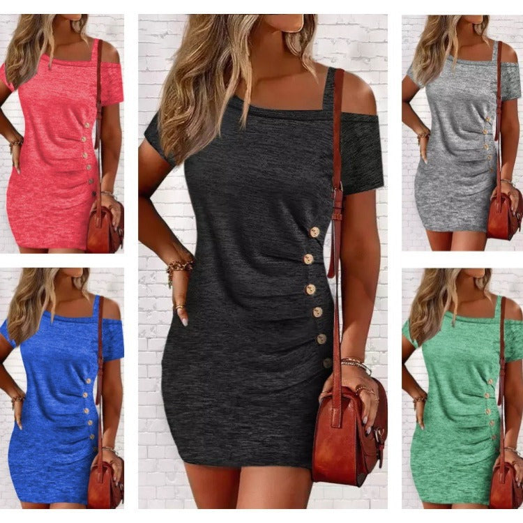 Women's Summer Diagonal Shoulder Buckle Design Sense Dress