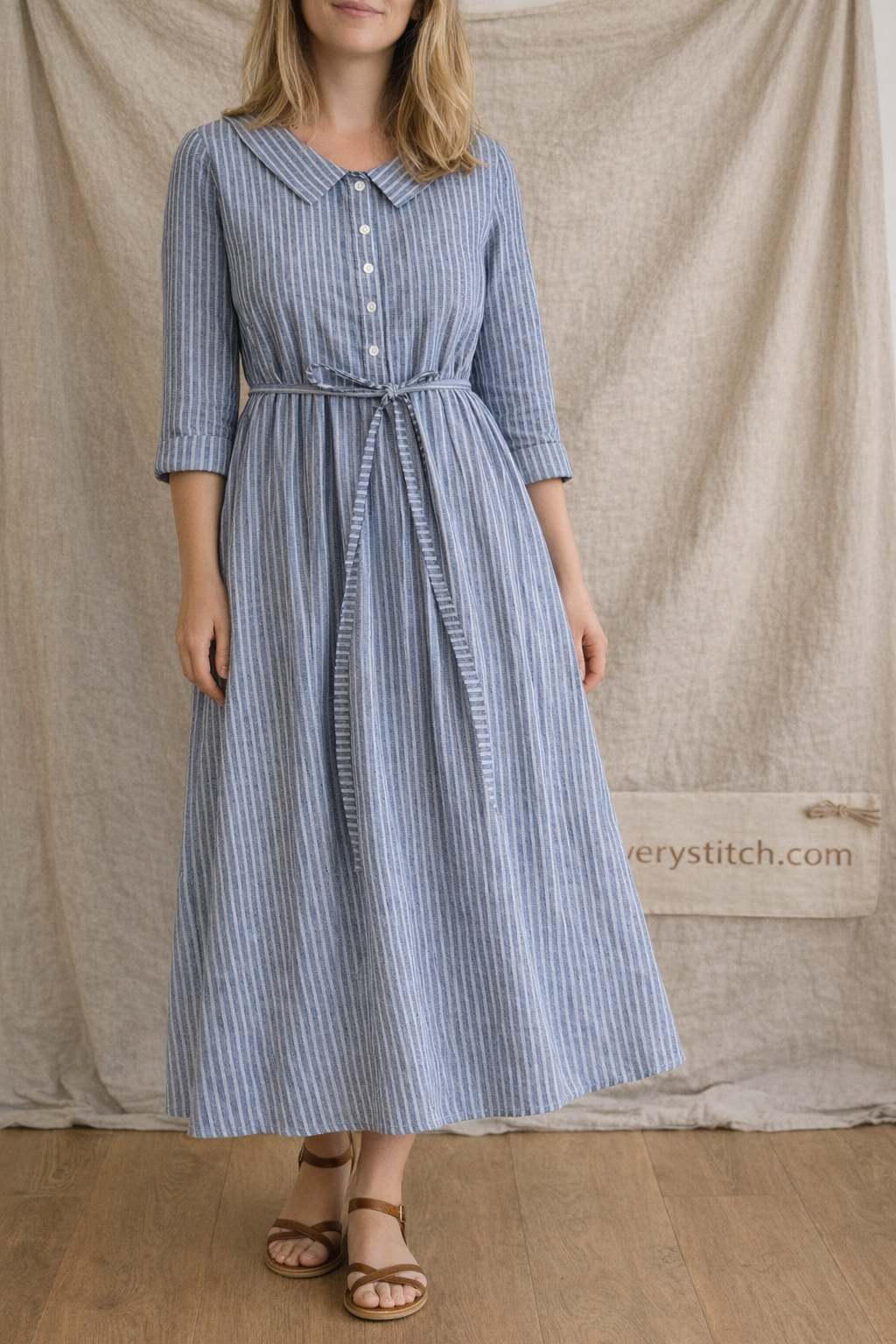 Striped Button Front Midi Dress