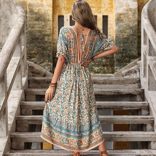 Dress Summer Vintage Slim Print Irregular Vacation
