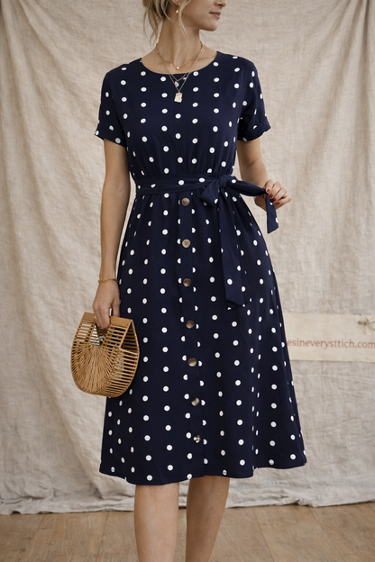 Polka Dot Button-Front Tie-Waist Midi Dress