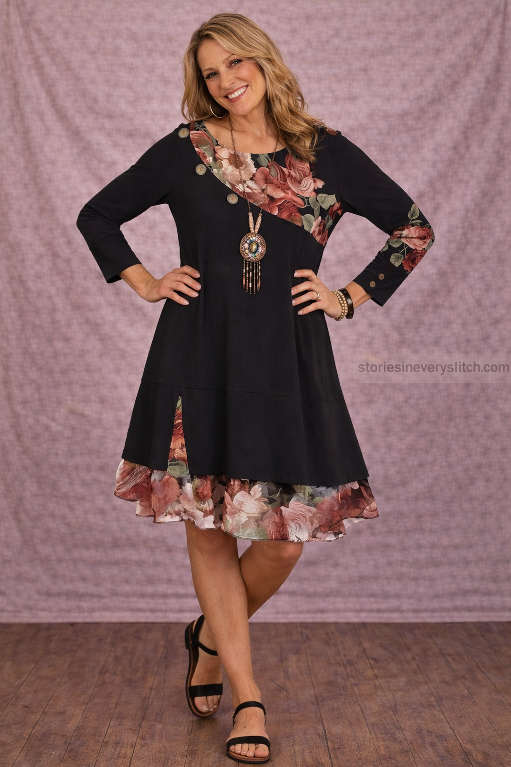 Women’s Floral Patchwork Mini Dress – Long Sleeve Casual Layered Dress