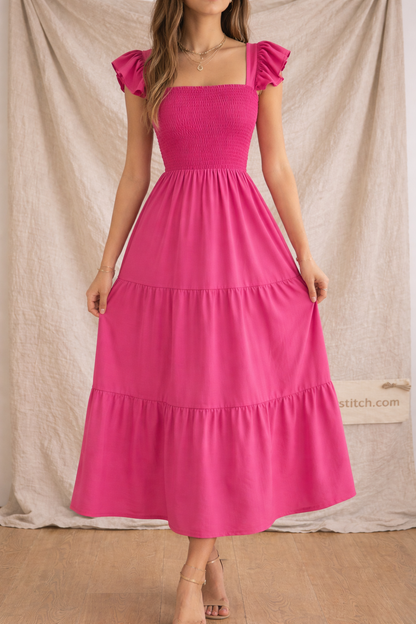 Smocked Short Sleeve Midi Dress