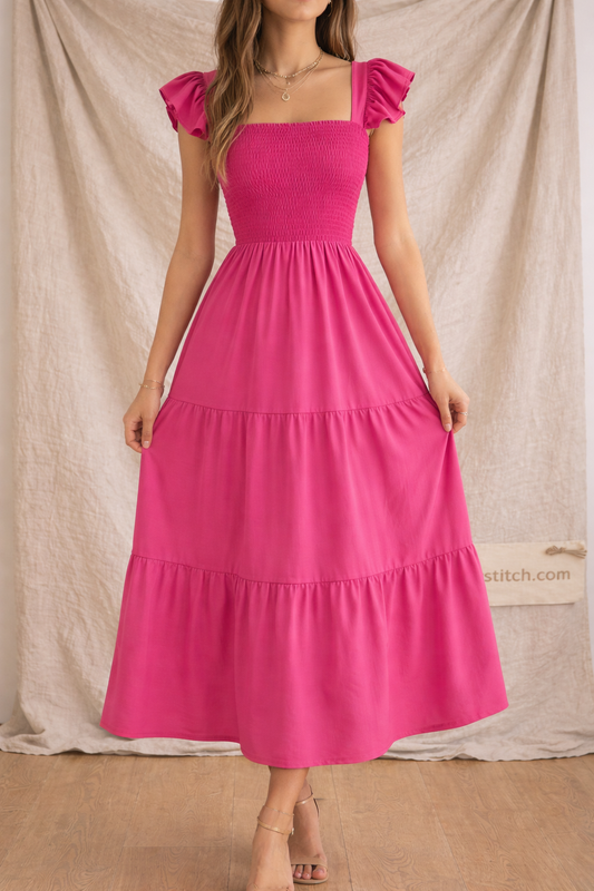 Smocked Short Sleeve Midi Dress