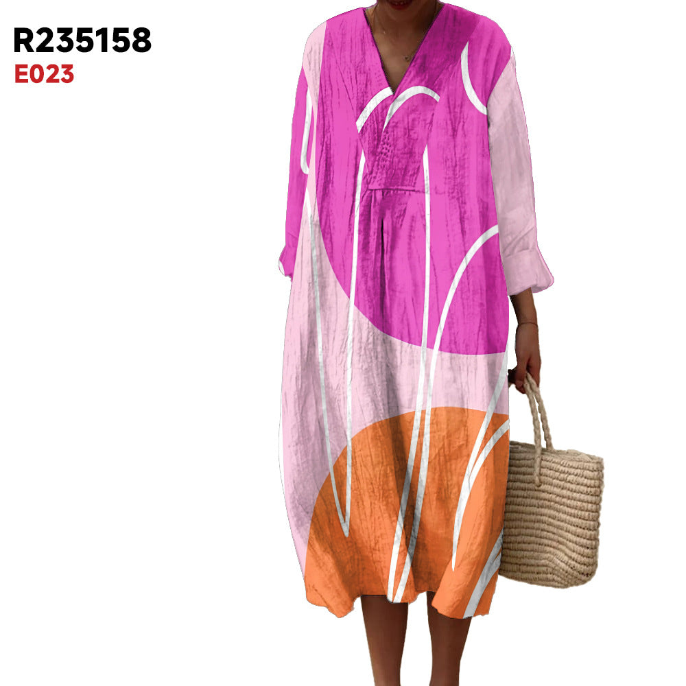 Women's Spring And Summer New Digital Printing Large Width V-neck Long-sleeve Dress