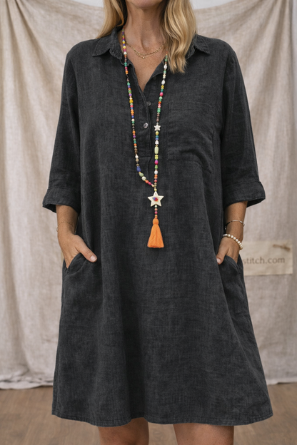 Linen Button Detail Loose Shirt Dress with Pockets