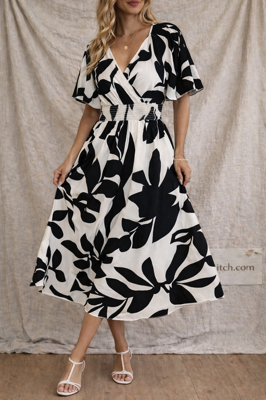 Monochrome Bloom Wrap Midi Dress