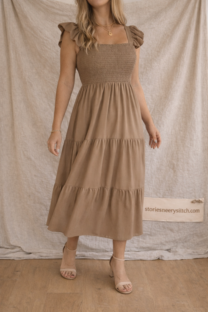 Smocked Short Sleeve Midi Dress