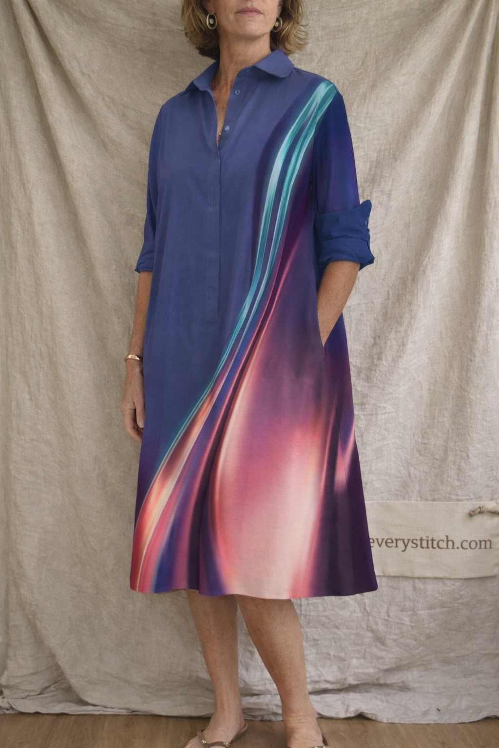 Printed Short Sleeve Shirt Midi Dress