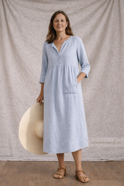 Women’s Casual V-Neck Midi Dress with Pockets – 3/4 Sleeve Loose Linen Summer Dress