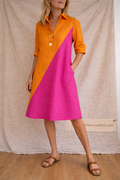 Colorblock Button Shirt Midi Dress