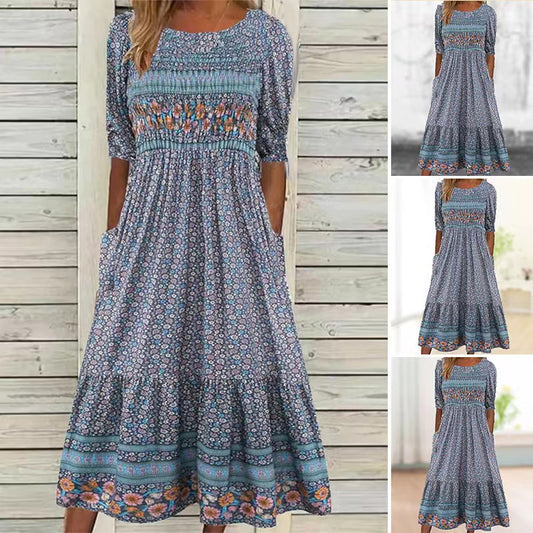 Women's Summer Small Floral Print Slim-fit Long Dress