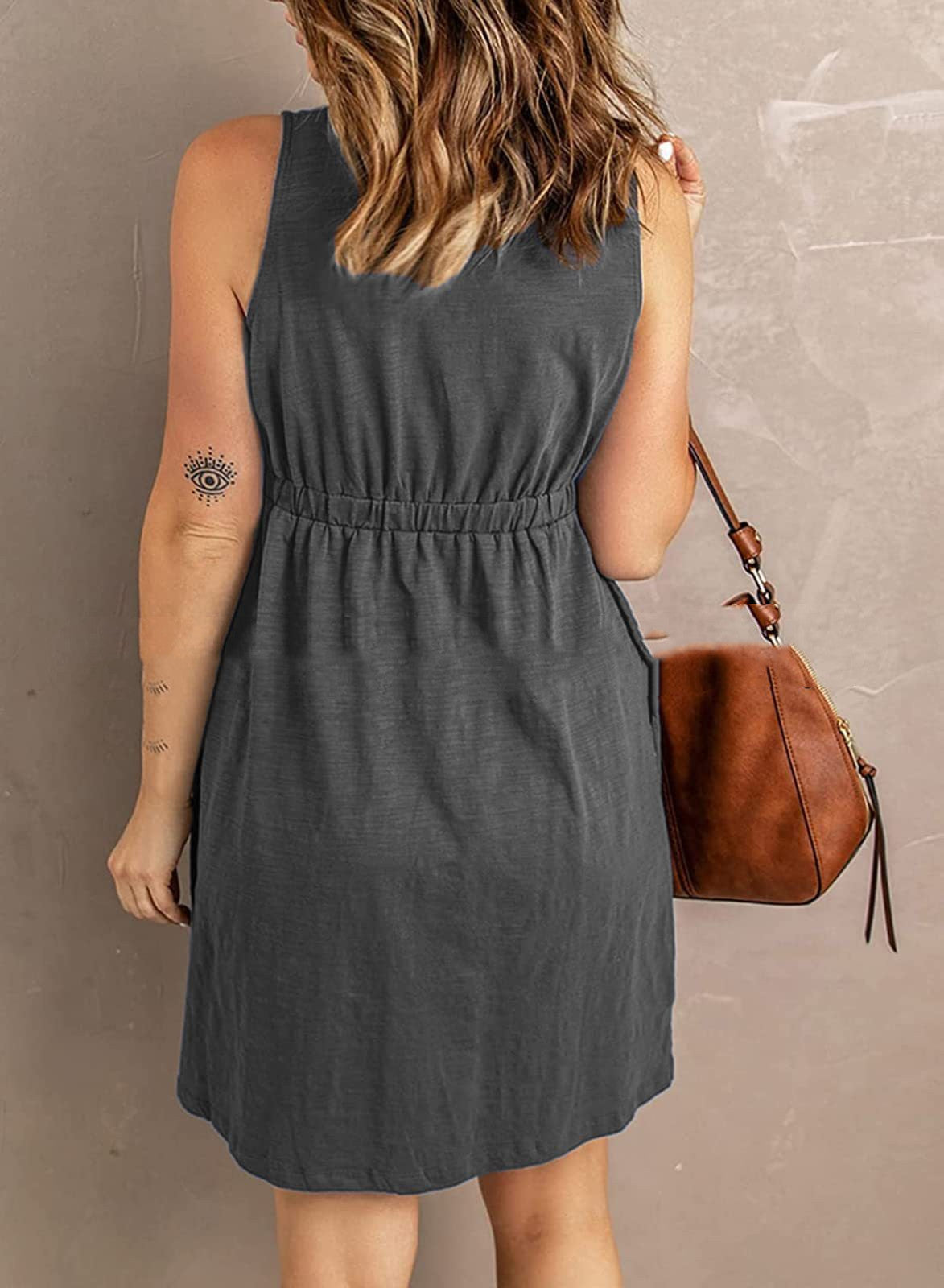 Women's Summer Button Elastic Waist V-neck Sleeveless Dress