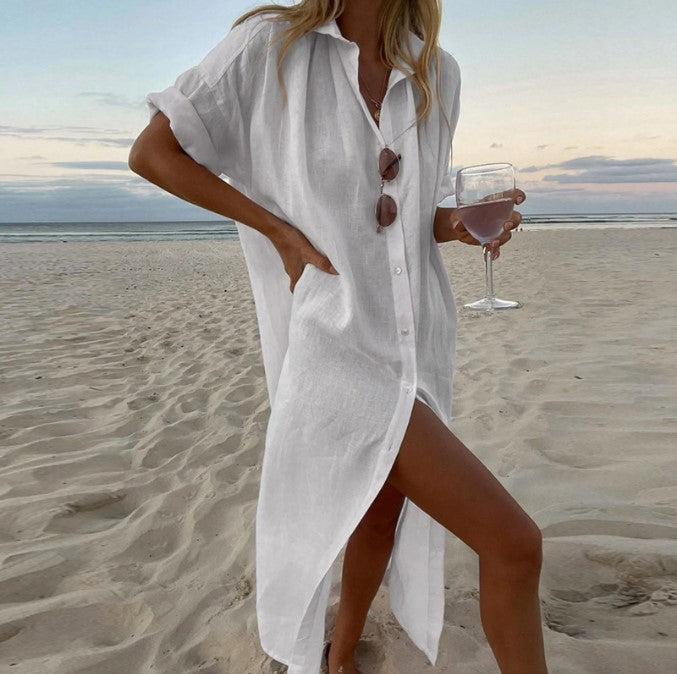 Women's Summer Solid Color Casual Long Cotton Cardigan Dress