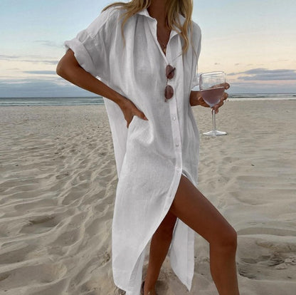 Women's Summer Solid Color Casual Long Cotton Cardigan Dress