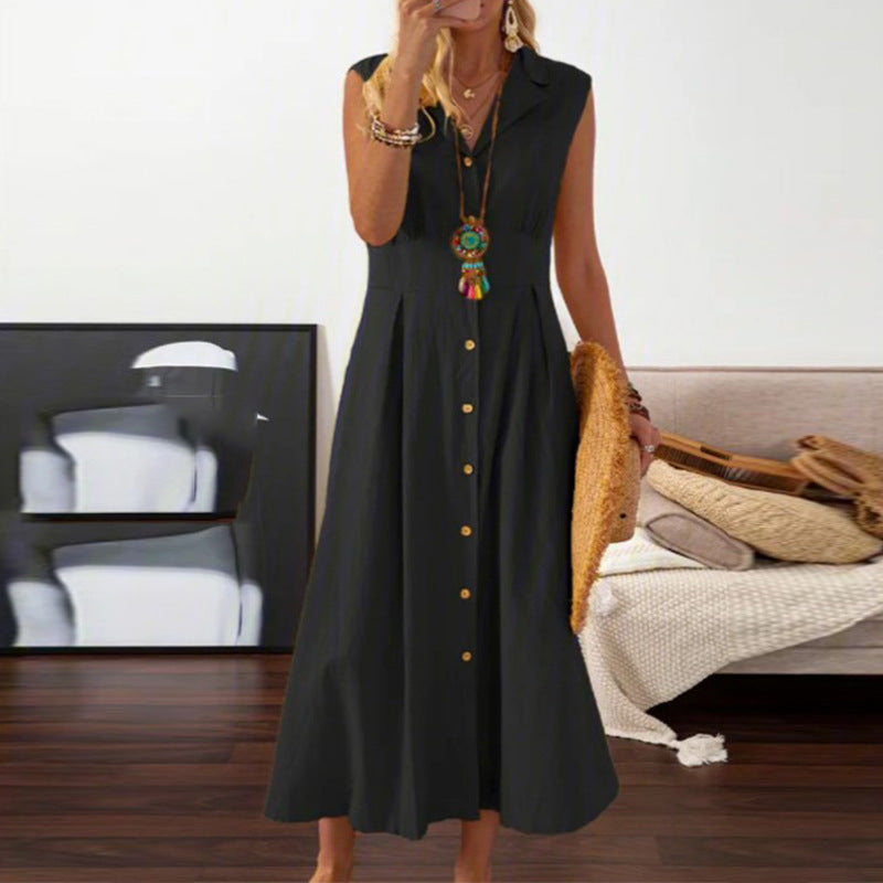 European American Summer New Skirt Lapel Women's A- Line Vintage Cotton And Linen Long Dress