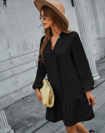 Casual Holiday Dress Spring And Summer Long Sleeves Ruffled Solid Color A- Line Skirt