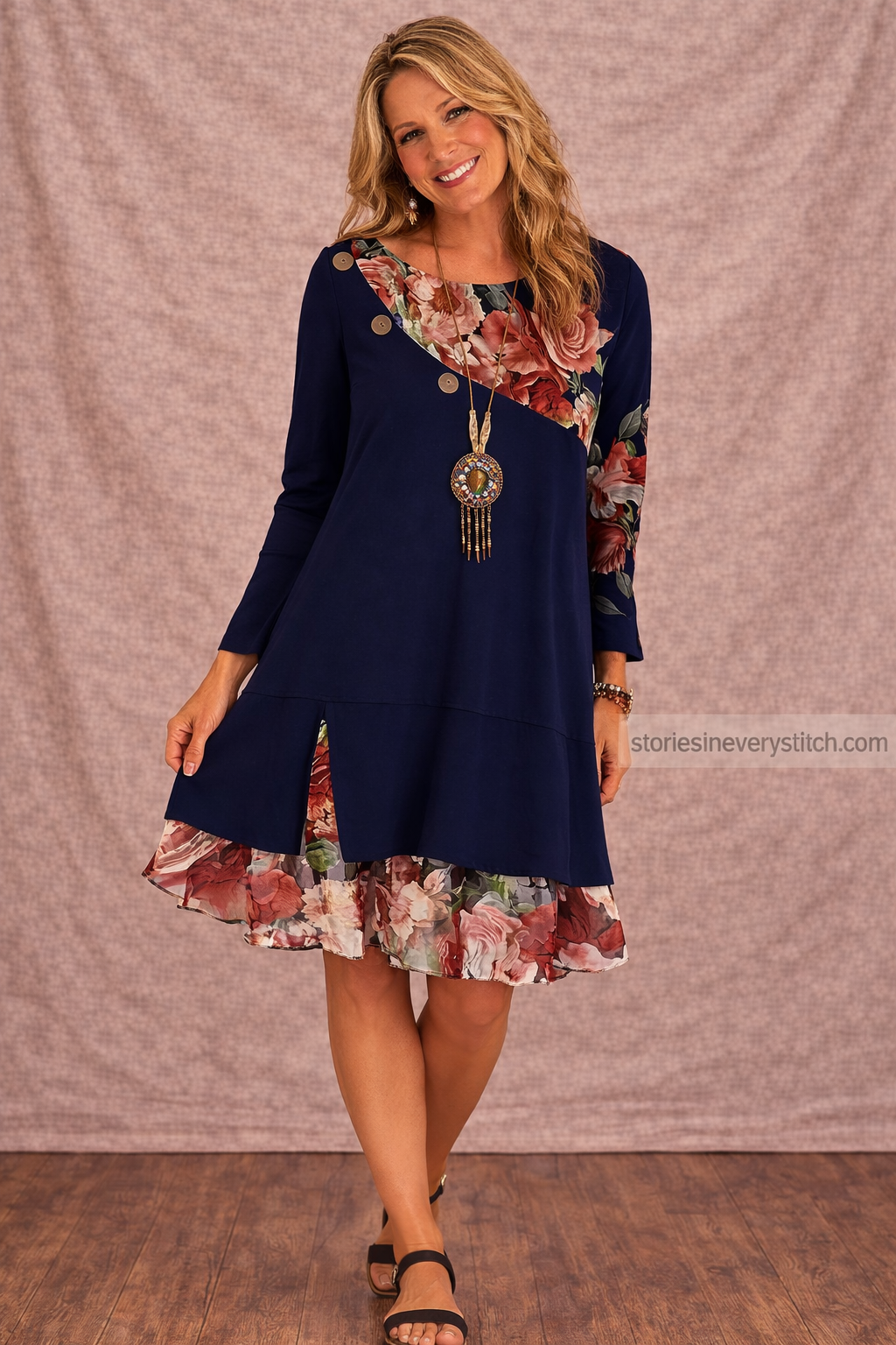 Women’s Floral Patchwork Mini Dress – Long Sleeve Casual Layered Dress