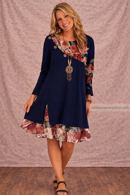 Women’s Floral Patchwork Mini Dress – Long Sleeve Casual Layered Dress