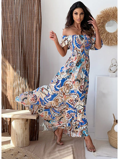 Elizabeth Ainsley Off-Shoulder Puff Sleeve Printed Dress