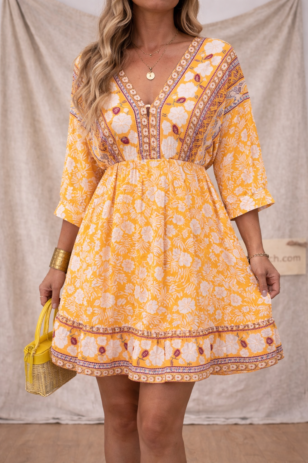 Boho Floral V-Neck Empire Waist Mini Dress