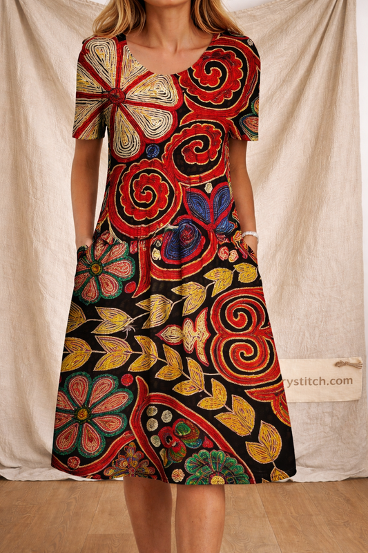 Artistic Patchwork Floral Midi Dress