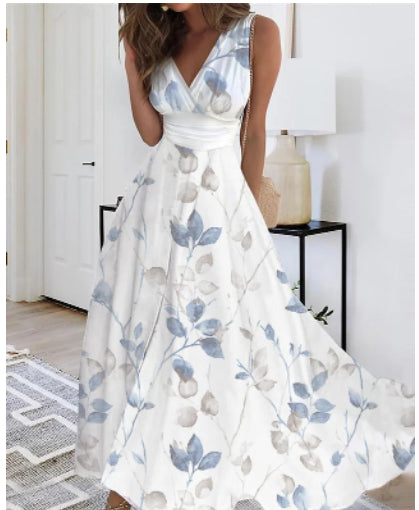 Women's Summer New V-neck High Waist Sleeveless Printed Vest Dress