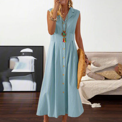 European American Summer New Skirt Lapel Women's A- Line Vintage Cotton And Linen Long Dress