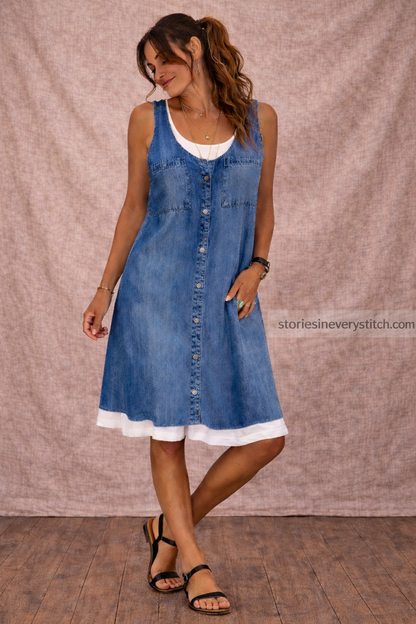 Women’s Denim Button-Front Mini Dress – Sleeveless Casual Layered Summer Dress