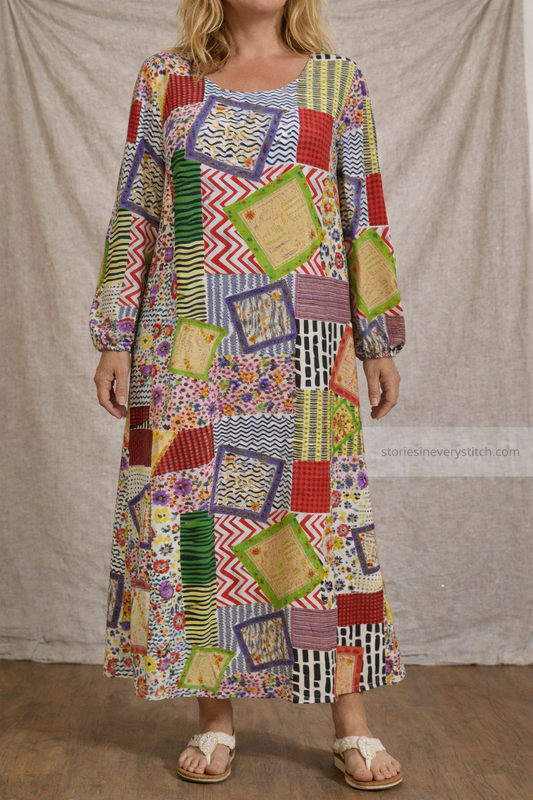 Retro Patchwork Long Sleeve Maxi Dress