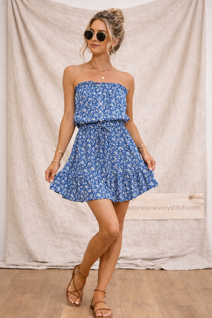 Smocked Strapless Flare Mini Dress