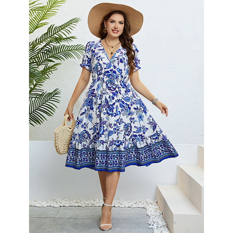 European And American Summer V-neck Half Cardigan Waist Slimming Dress