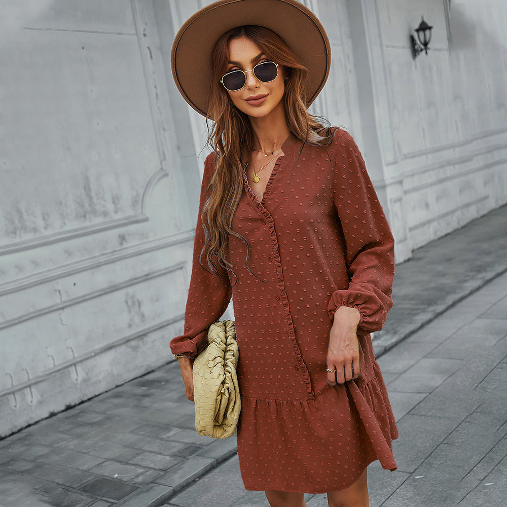 Casual Holiday Dress Spring And Summer Long Sleeves Ruffled Solid Color A- Line Skirt