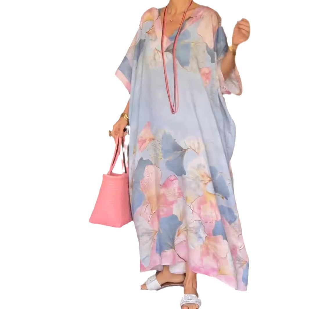 Asian Floral Print V-neck Plus Size Loose Dress