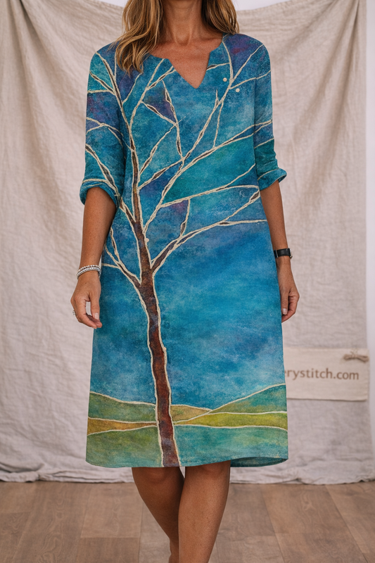 Abstract Tree Print V-Neck Mini Dress
