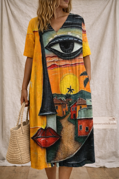 Abstract Stripe V-Neck Midi Dress