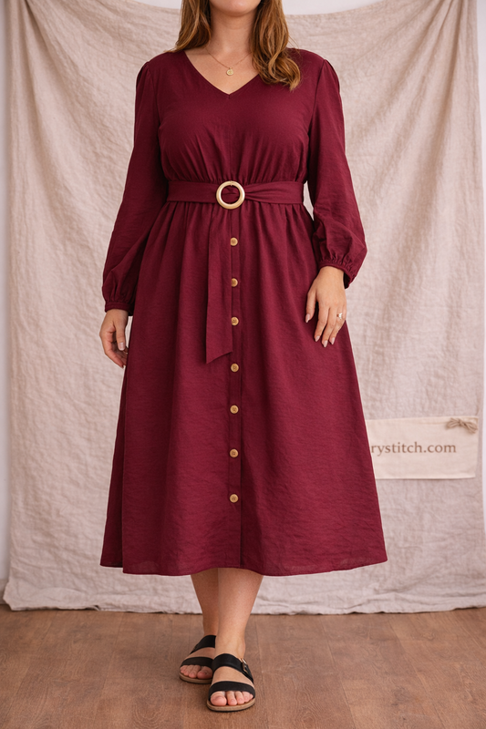 Long Sleeve Belted Button Detail Mini Dress