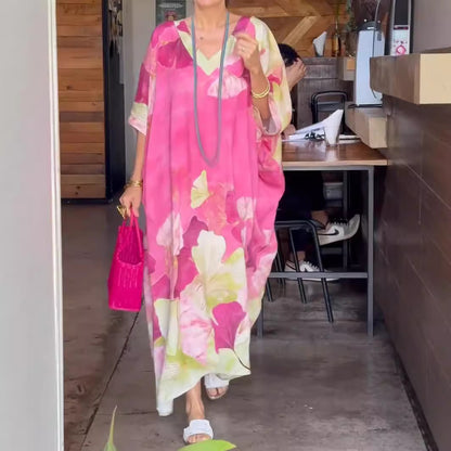 Asian Floral Print V-neck Plus Size Loose Dress