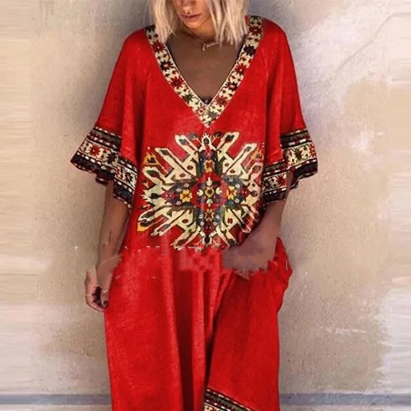 Digital Printed V-neck Plus Size Dress