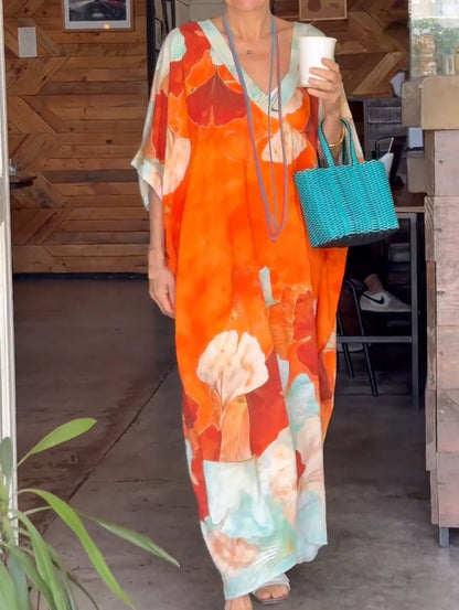 Asian Floral Print V-neck Plus Size Loose Dress