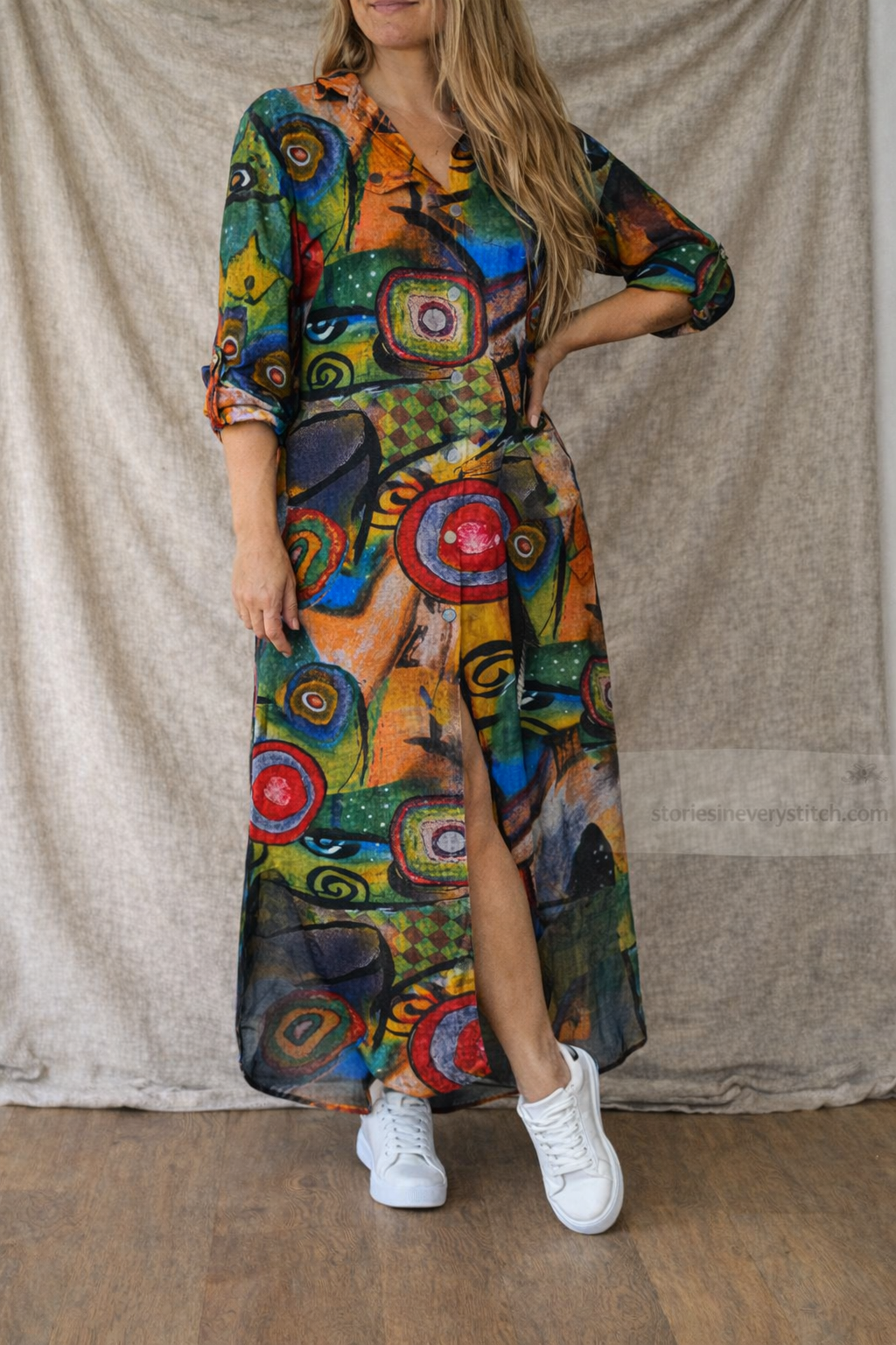 Abstract Canvas Button-Front Maxi Dress