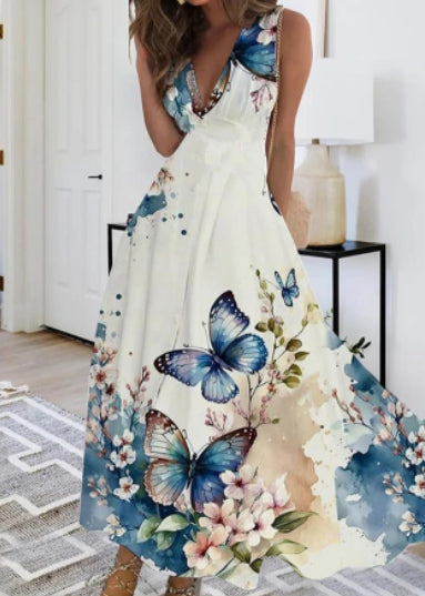 Women's Summer New V-neck High Waist Sleeveless Printed Vest Dress