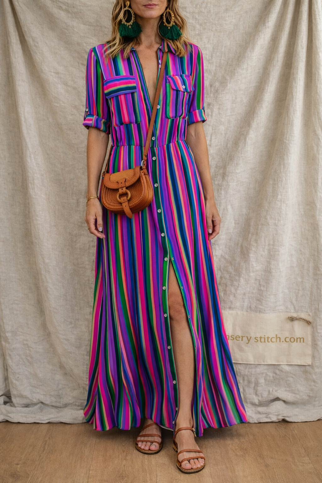 Striped Button-Down Maxi Dress with Side Slit