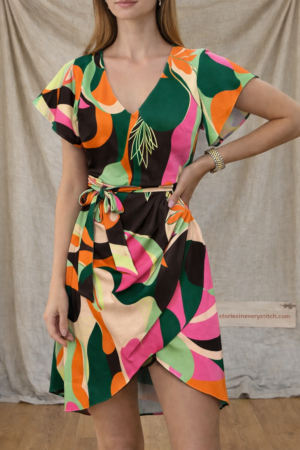 Printed Tie Waist Mini Dress