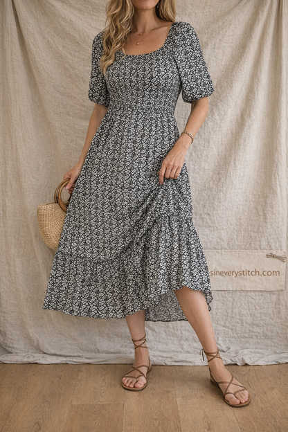 Smocked Square-Neck Tiered Midi Dress