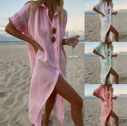 Women's Summer Solid Color Casual Long Cotton Cardigan Dress