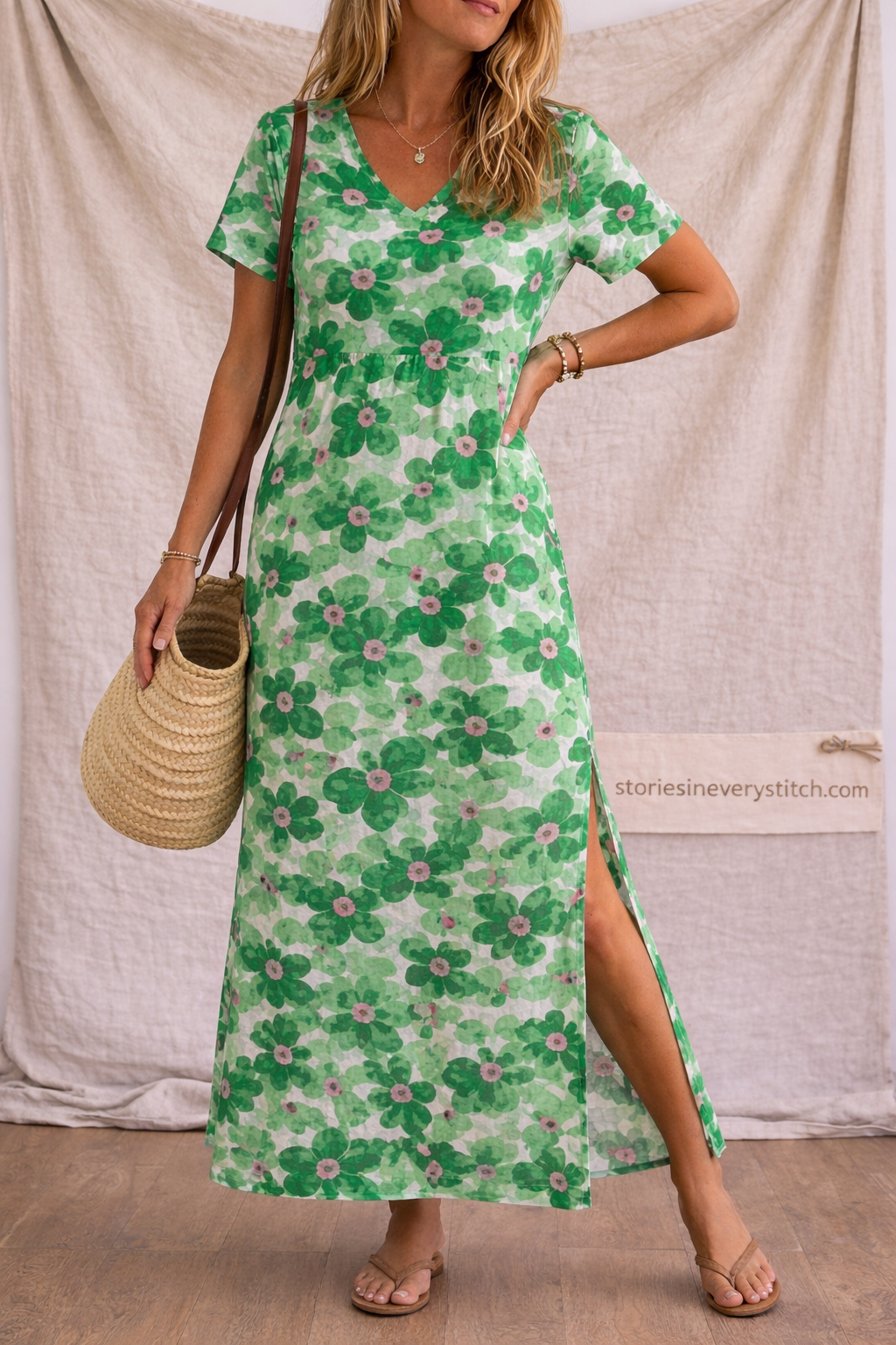 Floral Print V-Neck Short Sleeve Maxi Dress
