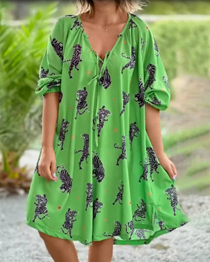 Women's V-neck Short Sleeve Printed Loose Casual Plus Size Dress