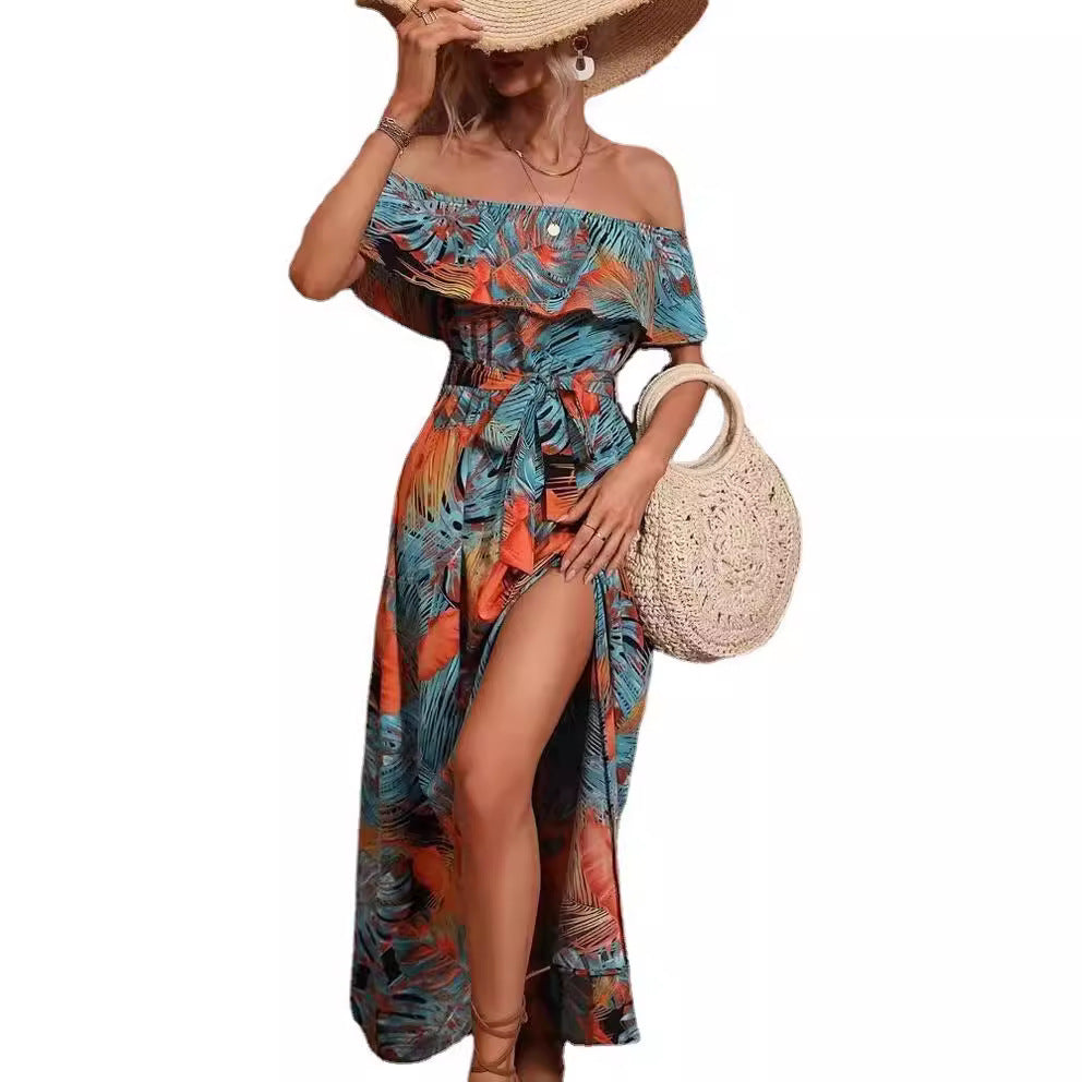 Women's Summer Boat Neck Ruffled Tied Waist-tight Dress