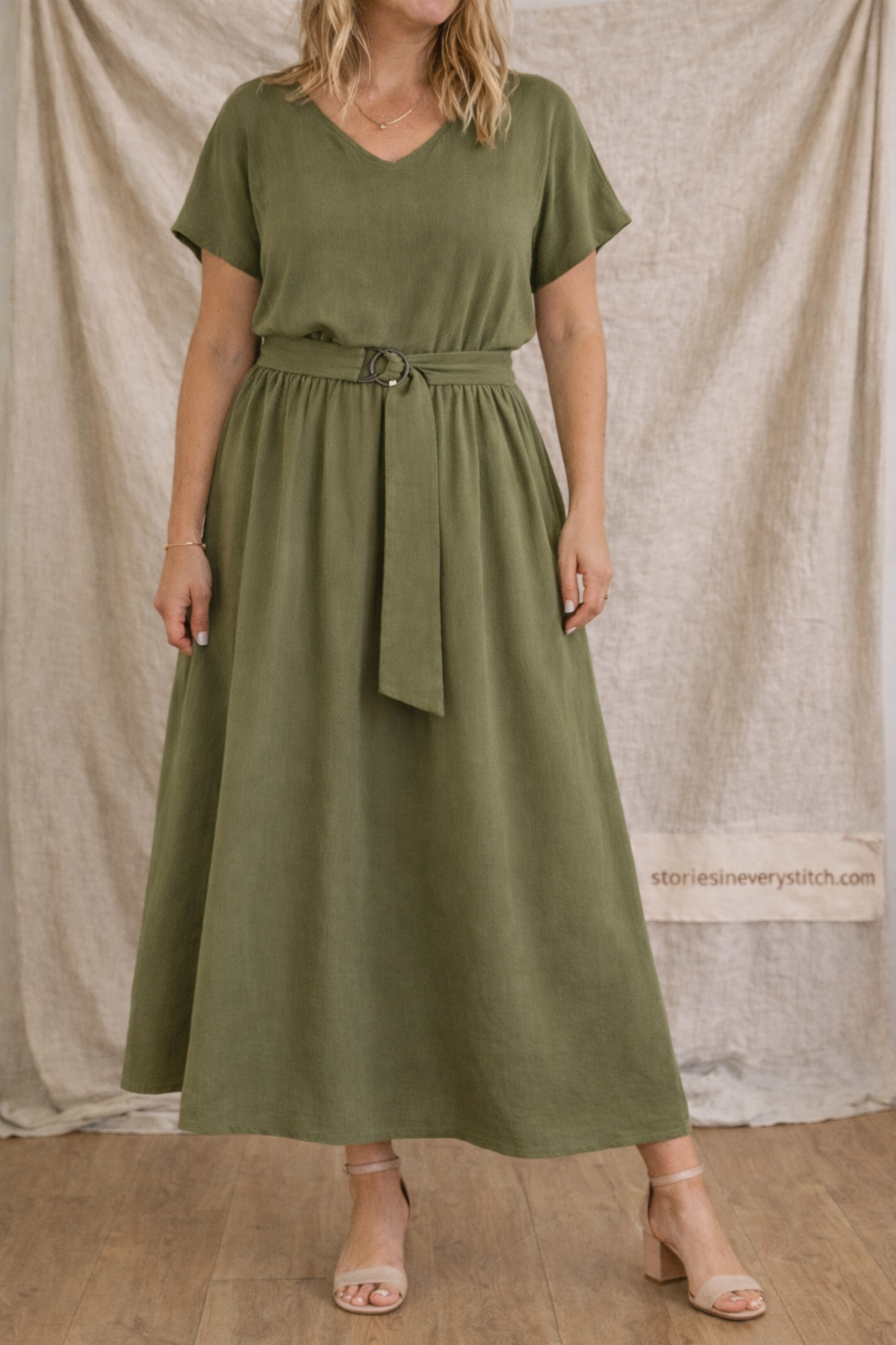 Classic V-Neck Belted Maxi Dress