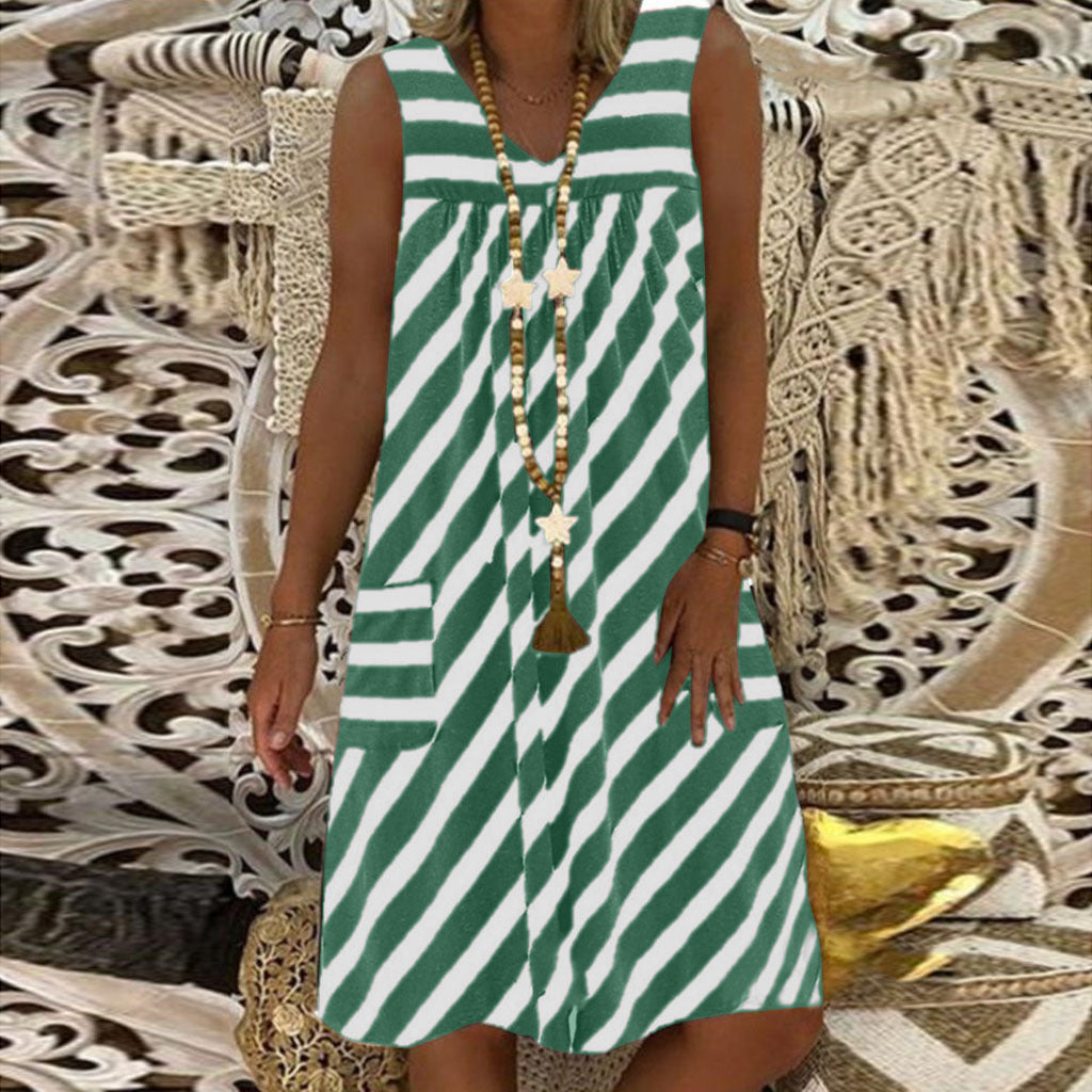 Women's Plus Size Pocket Summer Round Neck Sleeveless Striped Dress